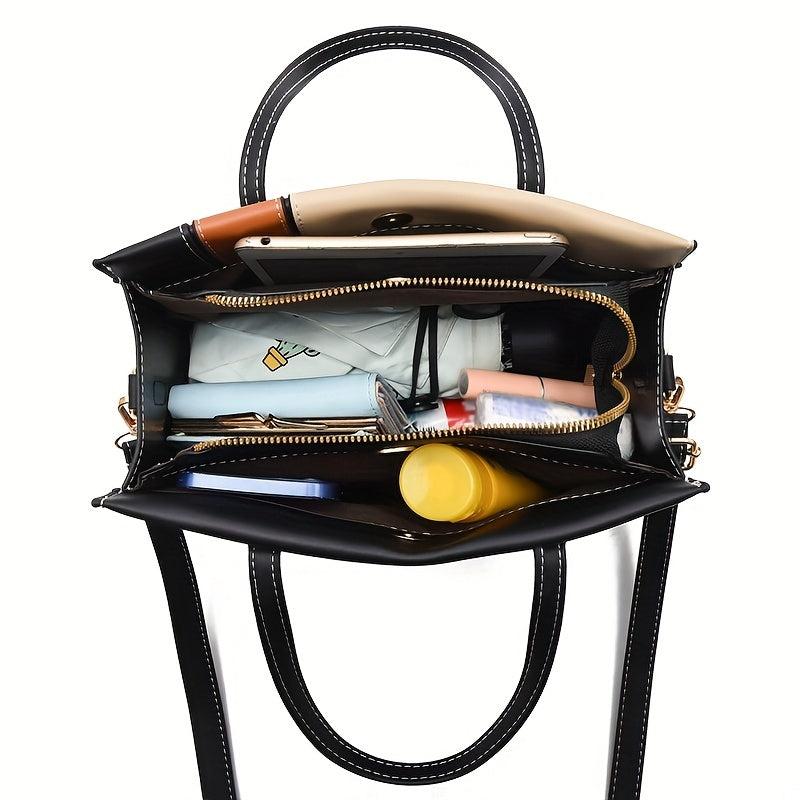 Large Capacity Block Shoulder Bag Zipper Tote Faux Leather Crossbody Bag