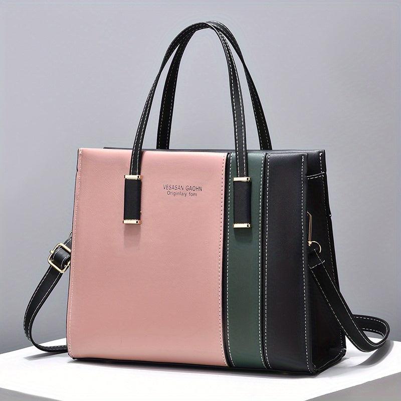 Large Capacity Block Shoulder Bag Zipper Tote Faux Leather Crossbody Bag