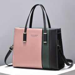 Large Capacity Block Shoulder Bag Zipper Tote Faux Leather Crossbody Bag