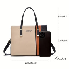Large Capacity Block Shoulder Bag Zipper Tote Faux Leather Crossbody Bag
