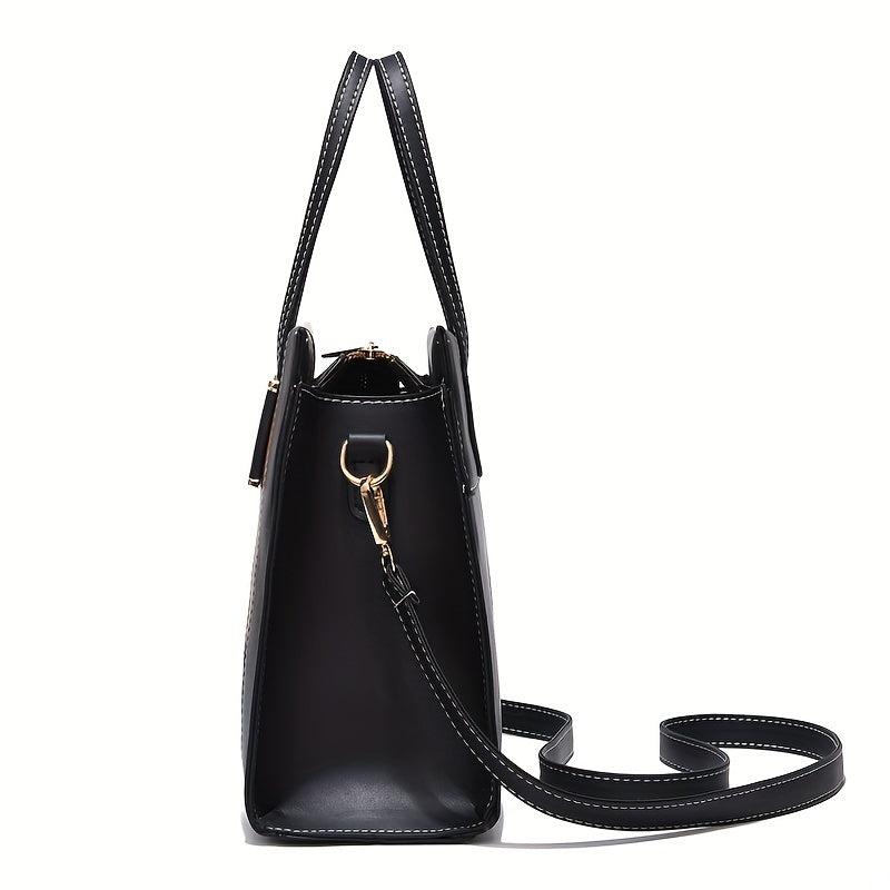 Large Capacity Block Shoulder Bag Zipper Tote Faux Leather Crossbody Bag
