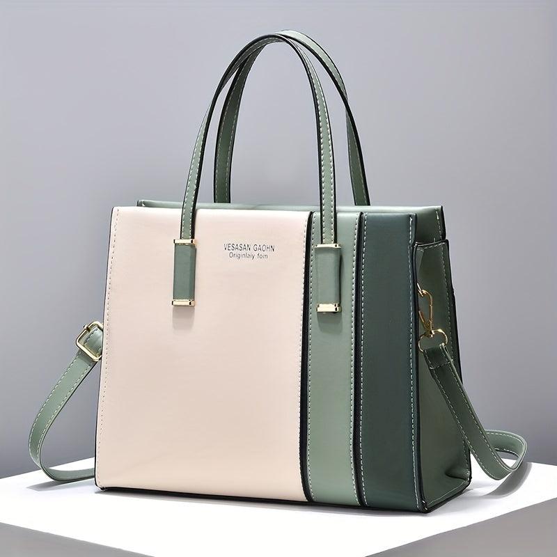 Large Capacity Block Shoulder Bag Zipper Tote Faux Leather Crossbody Bag