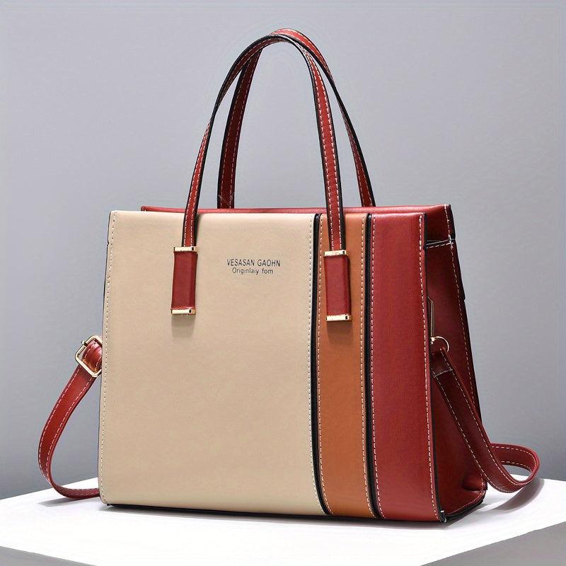Large Capacity Block Shoulder Bag Zipper Tote Faux Leather Crossbody Bag