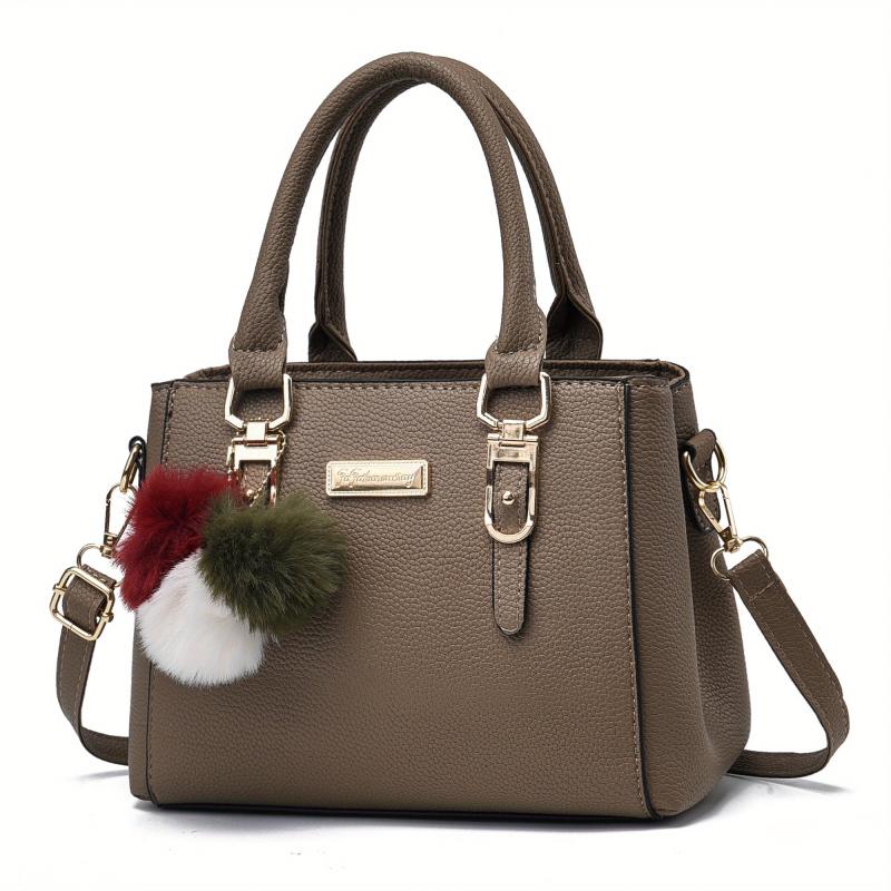 Plush Ball Decor Satchel Bag Small Top Handle Zipper Shoulder Crossbody Bag