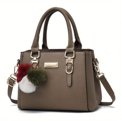 Plush Ball Decor Satchel Bag Small Top Handle Zipper Shoulder Crossbody Bag