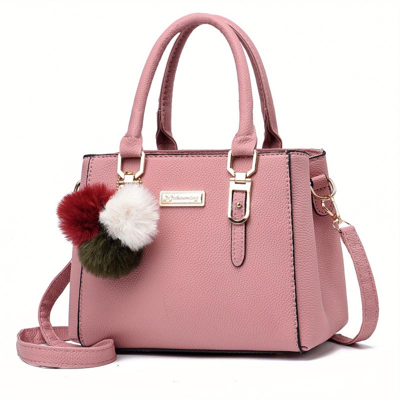 Plush Ball Decor Satchel Bag Small Top Handle Zipper Shoulder Crossbody Bag