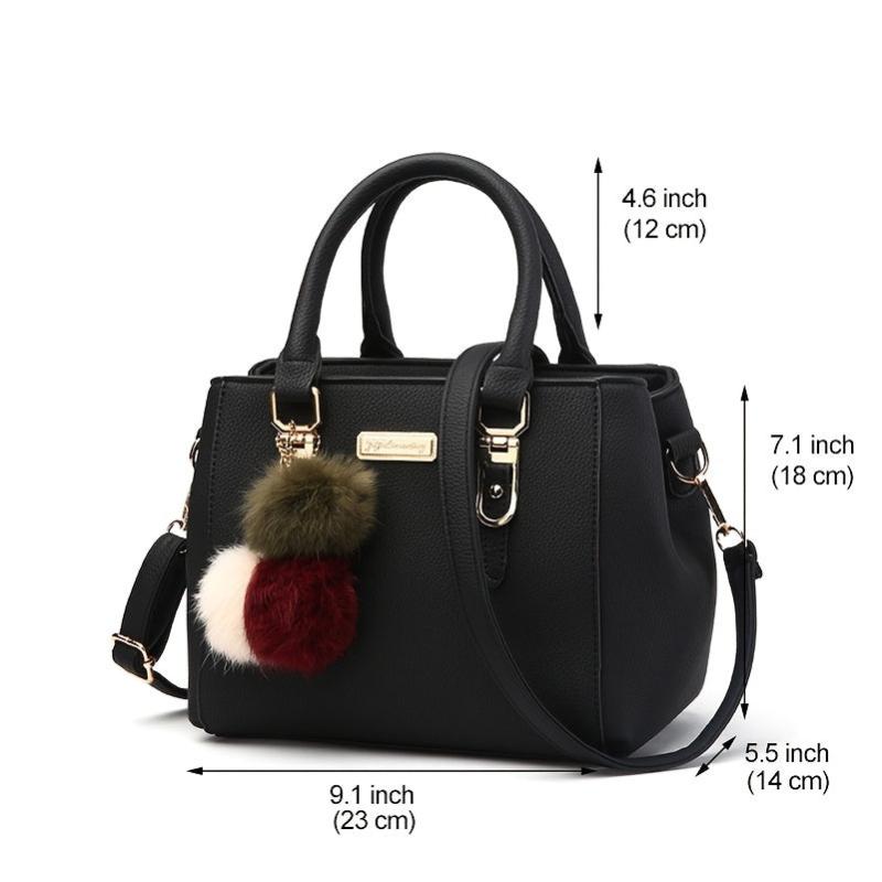 Plush Ball Decor Satchel Bag Small Top Handle Zipper Shoulder Crossbody Bag