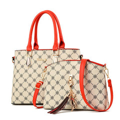 2pcs Printed Tote Bag Set Women's PU Leather Handbag Tassel Decor Crossbody Bag