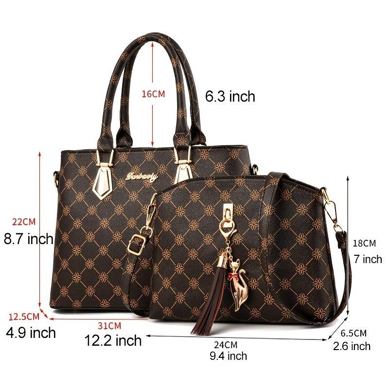 2pcs Printed Tote Bag Set Women's PU Leather Handbag Tassel Decor Crossbody Bag