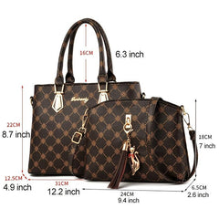 2pcs Printed Tote Bag Set Women's PU Leather Handbag Tassel Decor Crossbody Bag