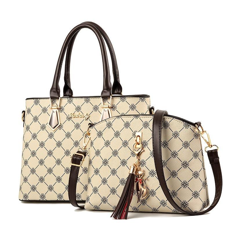 2pcs Printed Tote Bag Set Women's PU Leather Handbag Tassel Decor Crossbody Bag