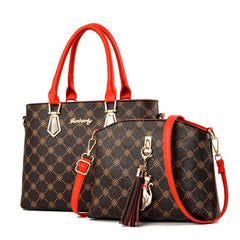2pcs Printed Tote Bag Set Women's PU Leather Handbag Tassel Decor Crossbody Bag