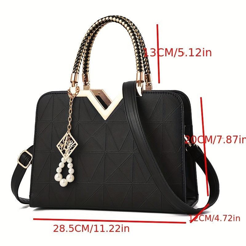 Pearl Decor Top Handle Satchel Tote Bag