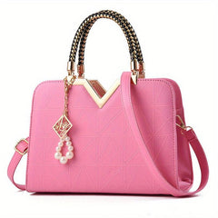 Pearl Decor Top Handle Satchel Tote Bag