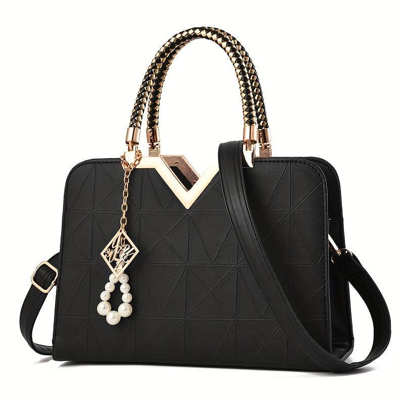 Pearl Decor Top Handle Satchel Tote Bag