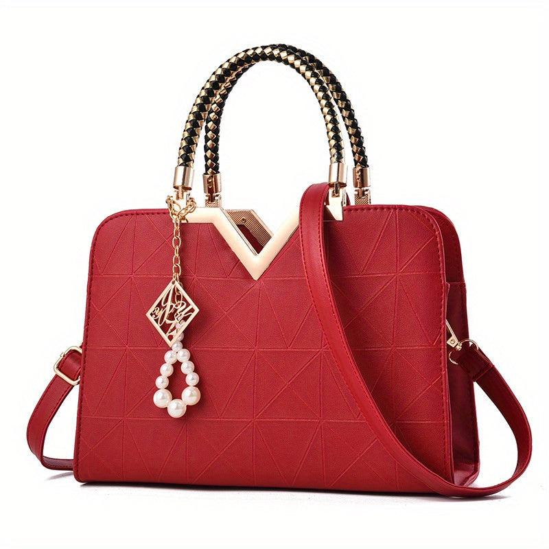 Pearl Decor Top Handle Satchel Tote Bag