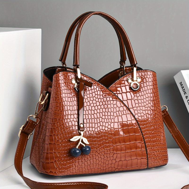 Crocodile Embossed Tote Bag with Cherry Pendant