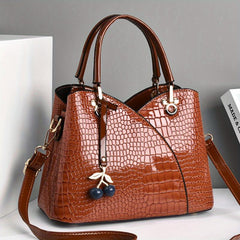 Crocodile Embossed Tote Bag with Cherry Pendant