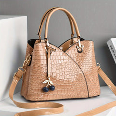 Crocodile Embossed Tote Bag with Cherry Pendant