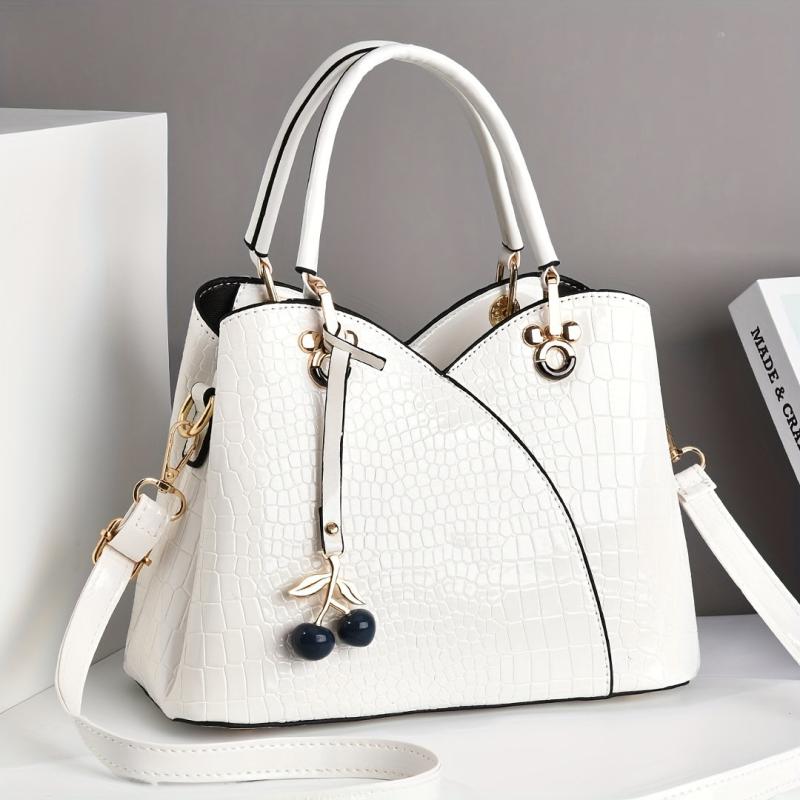 Crocodile Embossed Tote Bag with Cherry Pendant