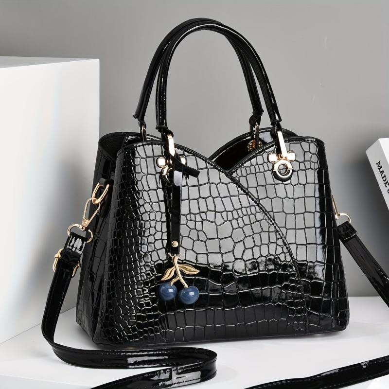 Crocodile Embossed Tote Bag with Cherry Pendant