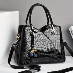 Crocodile Embossed Tote Bag with Cherry Pendant
