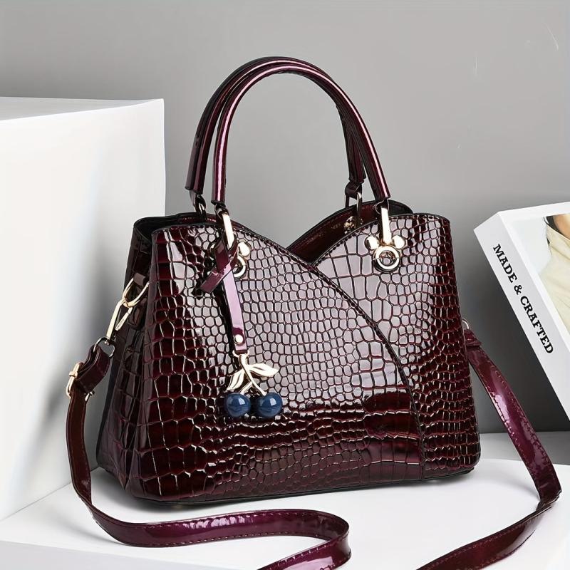 Crocodile Embossed Tote Bag with Cherry Pendant