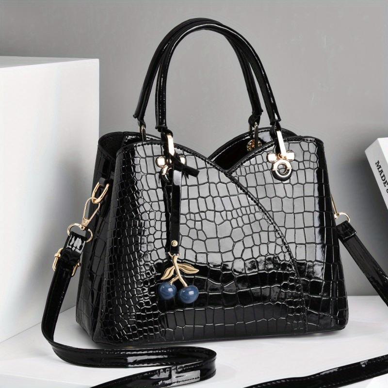 Crocodile Embossed Tote Bag with Cherry Pendant