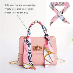 Solid Square Bag Turn Lock Satchel Bag With Scarf Decor