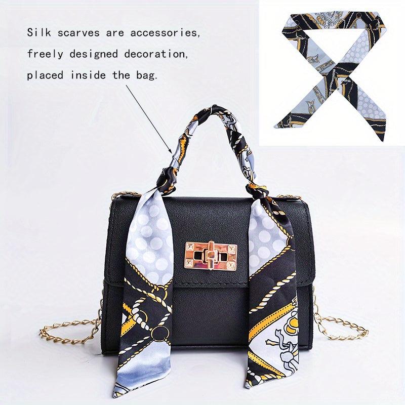 Solid Square Bag Turn Lock Satchel Bag With Scarf Decor