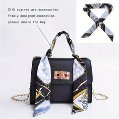 Solid Square Bag Turn Lock Satchel Bag With Scarf Decor