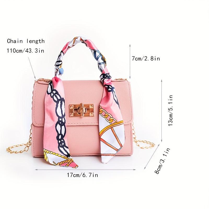 Solid Square Bag Turn Lock Satchel Bag With Scarf Decor