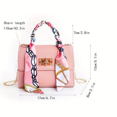 Solid Square Bag Turn Lock Satchel Bag With Scarf Decor
