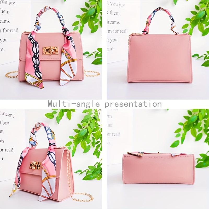 Solid Square Bag Turn Lock Satchel Bag With Scarf Decor