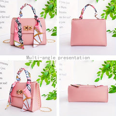 Solid Square Bag Turn Lock Satchel Bag With Scarf Decor