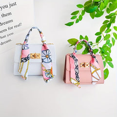 Solid Square Bag Turn Lock Satchel Bag With Scarf Decor