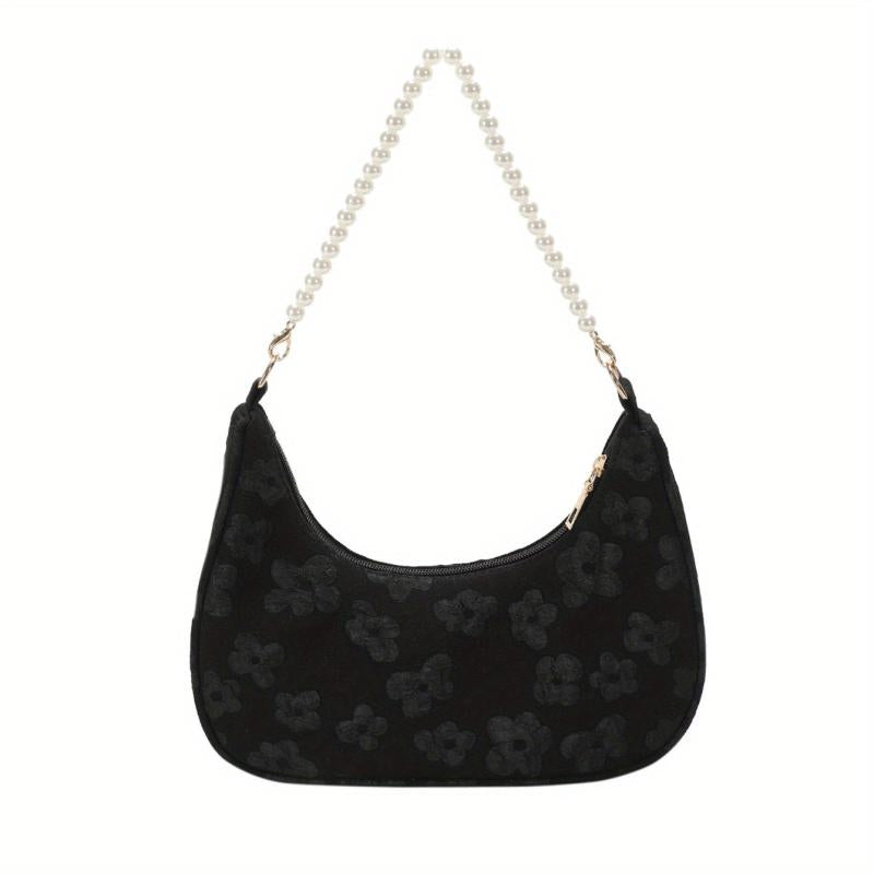 Flower Shoulder Bag Zipper Chain Handbag Faux Pearl Baguette