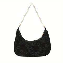 Flower Shoulder Bag Zipper Chain Handbag Faux Pearl Baguette