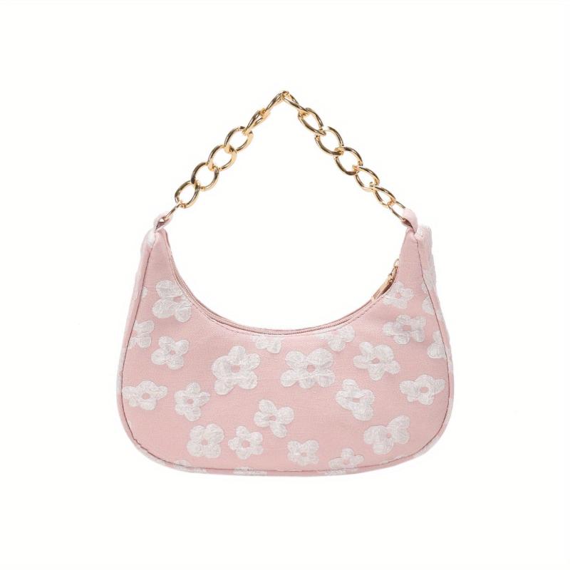 Flower Shoulder Bag Zipper Chain Handbag Faux Pearl Baguette