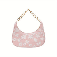 Flower Shoulder Bag Zipper Chain Handbag Faux Pearl Baguette