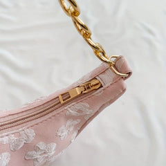 Flower Shoulder Bag Zipper Chain Handbag Faux Pearl Baguette
