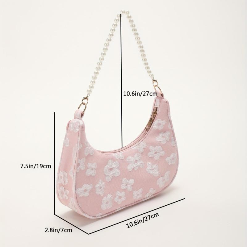 Flower Shoulder Bag Zipper Chain Handbag Faux Pearl Baguette