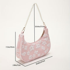 Flower Shoulder Bag Zipper Chain Handbag Faux Pearl Baguette
