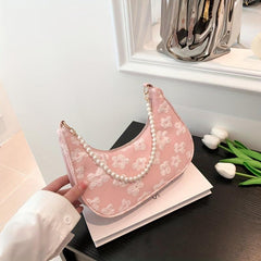 Flower Shoulder Bag Zipper Chain Handbag Faux Pearl Baguette