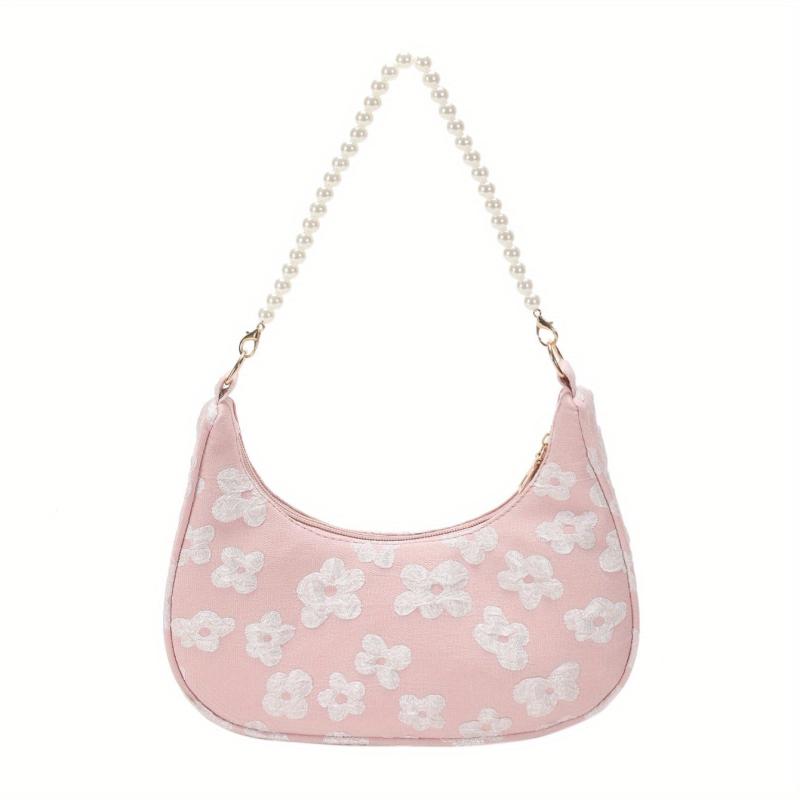 Flower Shoulder Bag Zipper Chain Handbag Faux Pearl Baguette