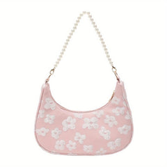 Flower Shoulder Bag Zipper Chain Handbag Faux Pearl Baguette