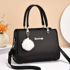 Solid Tote Satchel Bag with Pom Pom