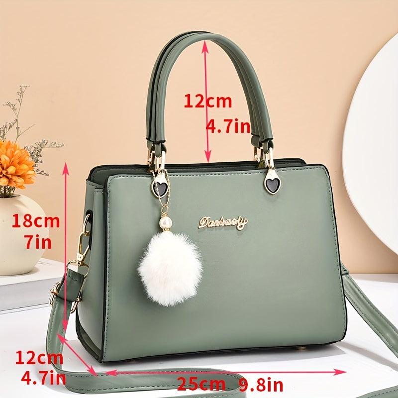 Solid Tote Satchel Bag with Pom Pom