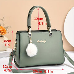 Solid Tote Satchel Bag with Pom Pom