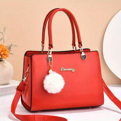 Solid Tote Satchel Bag with Pom Pom